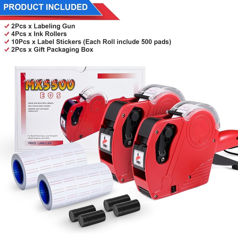 LonXFan Price Gun, 2 Pack Pricing Gun - 8 Digits Price Tag Gun with 5000 Labels & 4 Ink Rollers Kit Red Pricing Label Maker for Retailer,Supermarket - Image 2